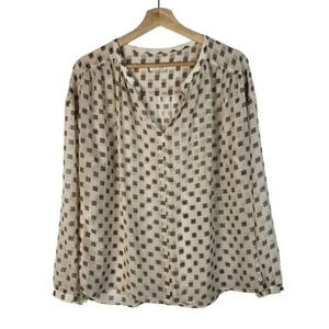 Ann Taylor LOFT White & Brown Star Anise Floral Long Sleeve Blouse S